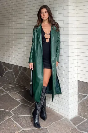 Green Trench Coat Long Sleeves Faux Leather