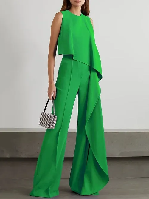 Green V-neck High Waisted Wide-leg Jumpsuit - Fern and Oak