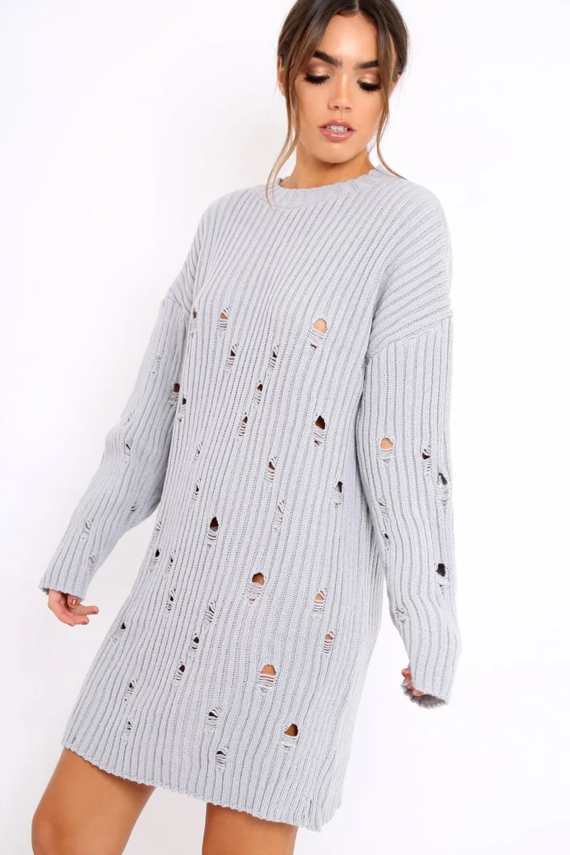 Grey Distressed Cable Knit Jumper Dress - Abea