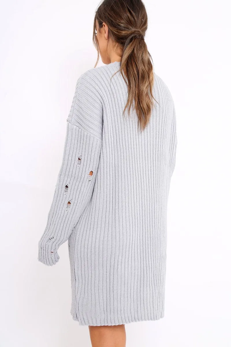 Grey Distressed Cable Knit Jumper Dress - Abea