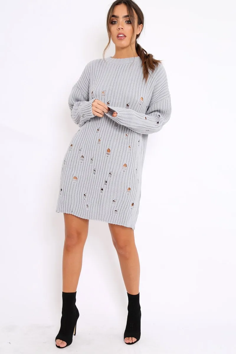 Grey Distressed Cable Knit Jumper Dress - Abea