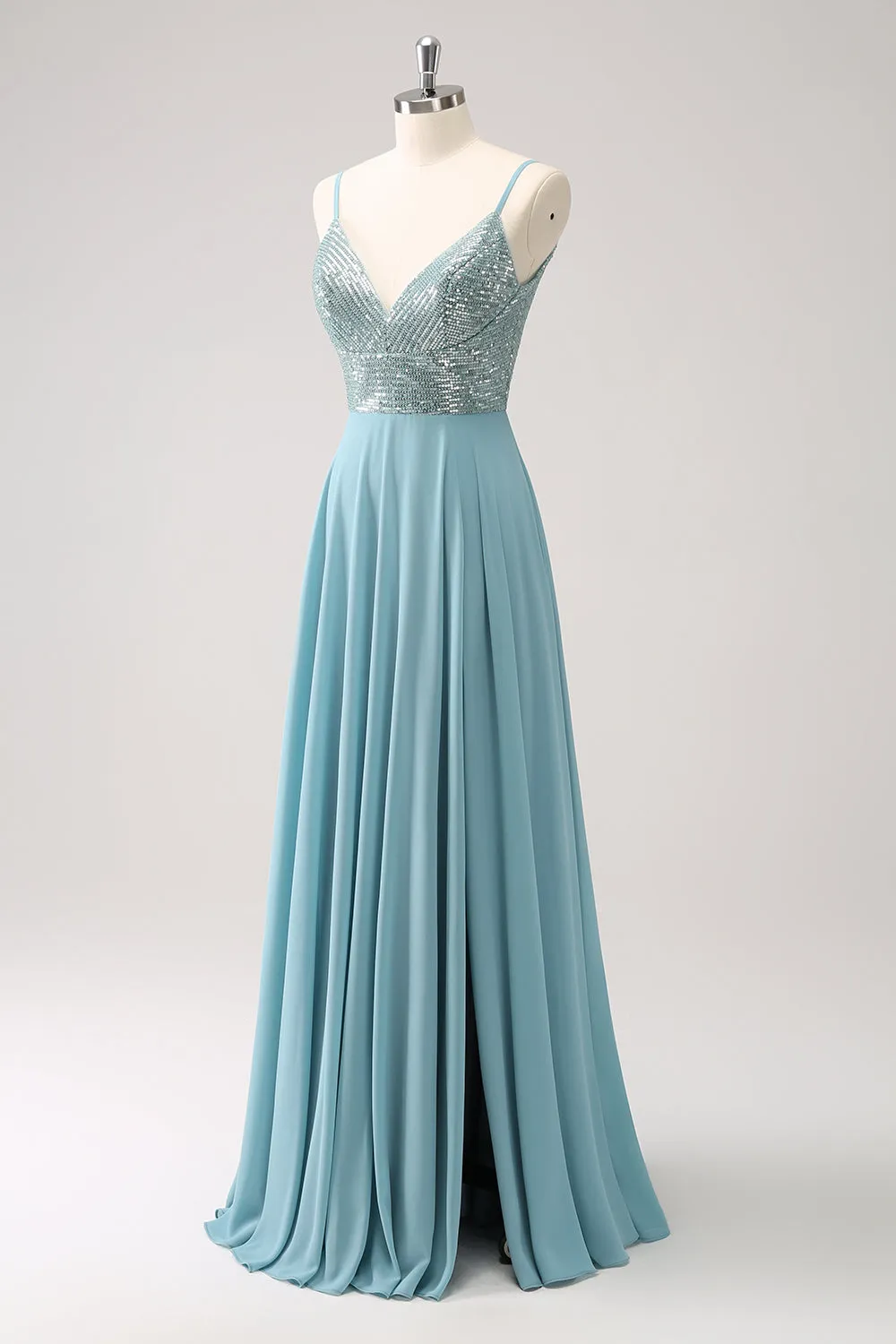 Grey Green A Line Chiffon Ruffle Sequined Backless Maxi Dress with Slit