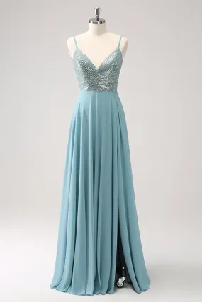 Grey Green A Line Chiffon Ruffle Sequined Backless Maxi Dress with Slit