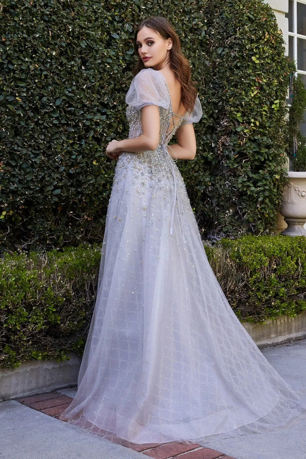 Half Sleeve Beaded Sheer Layered Tulle Ballgown by Cinderella Divine - B708 EMBELLISHED BALL GOWN - Special Occasion
