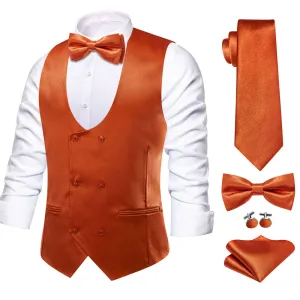 Hi-Tie Rust Orange Solid U-Neck Double-Breasted Vest Set