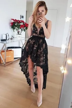 High Low V Neck Open Back Black Lace Prom Dress, High Low Black Homecoming Dress, Black Lace Formal Evening Dress