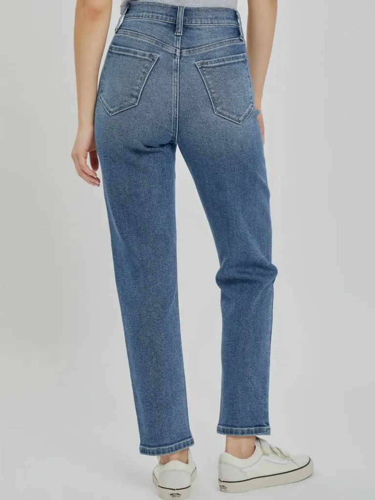 High Rise Mom Jean with Front Pocket Shape - Medium Denim