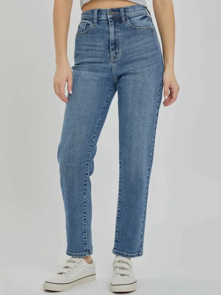 High Rise Mom Jean with Front Pocket Shape - Medium Denim