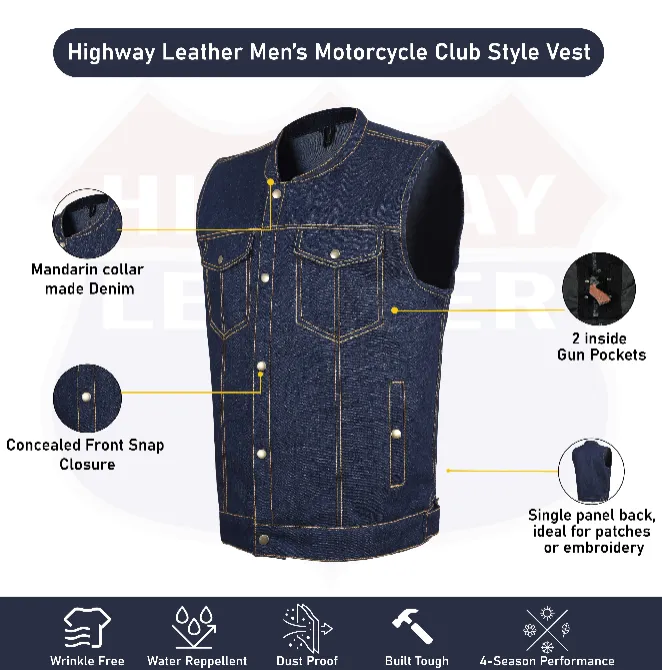 HL21687 BLUE MEN DENIM VEST CONTRAST THREAD M/O 100% COTTON