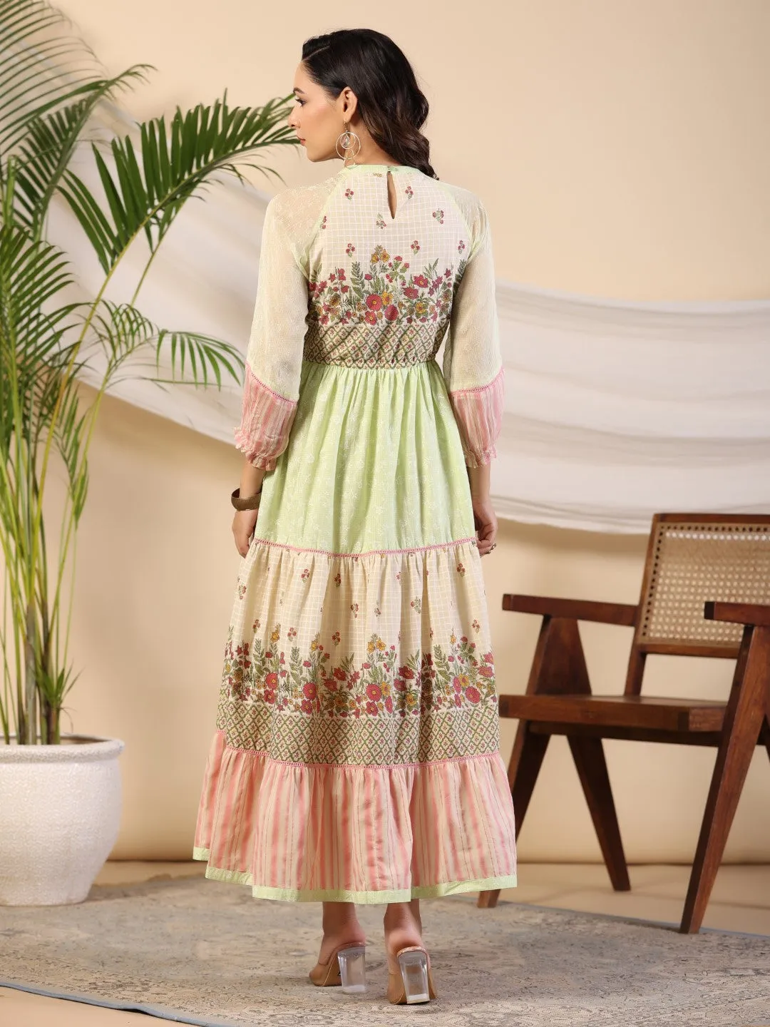 Jashvi Green Wonderland Cotton & Chiffon Floral Printed Tiered Maxi Dress With Lace & 3D Handwork