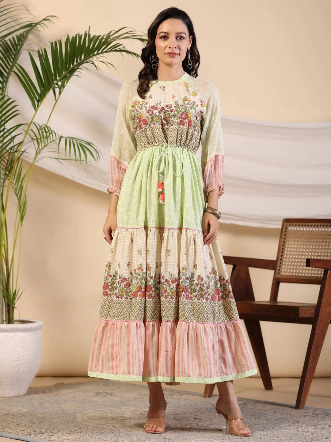 Jashvi Green Wonderland Cotton & Chiffon Floral Printed Tiered Maxi Dress With Lace & 3D Handwork