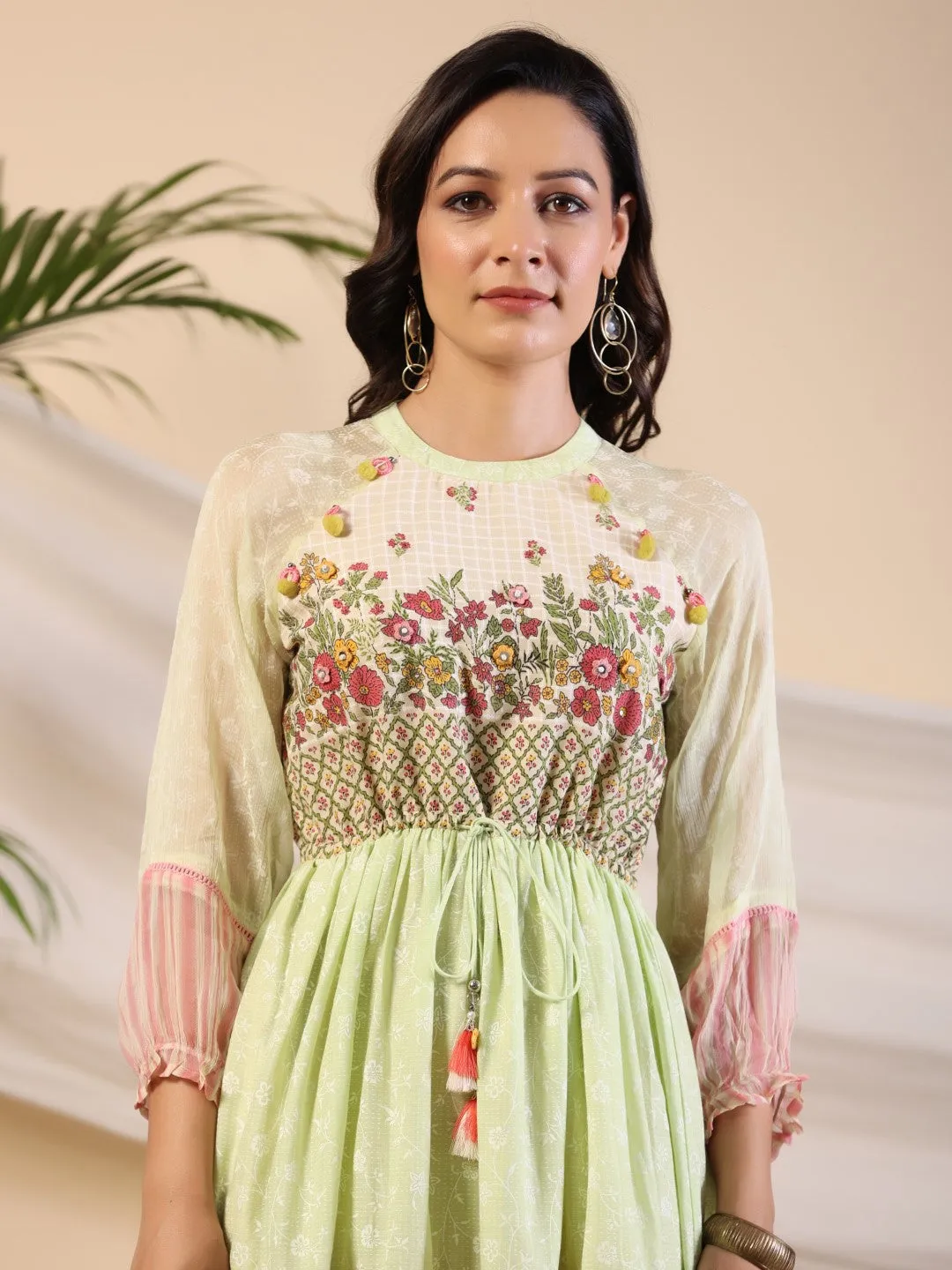 Jashvi Green Wonderland Cotton & Chiffon Floral Printed Tiered Maxi Dress With Lace & 3D Handwork