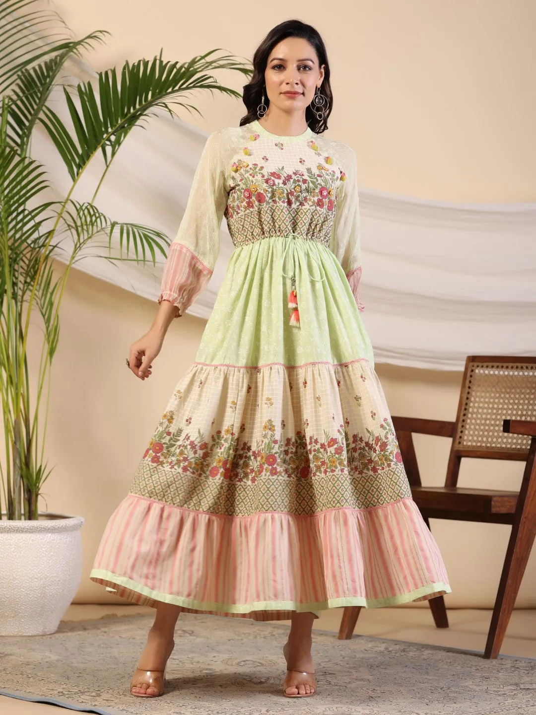 Jashvi Green Wonderland Cotton & Chiffon Floral Printed Tiered Maxi Dress With Lace & 3D Handwork