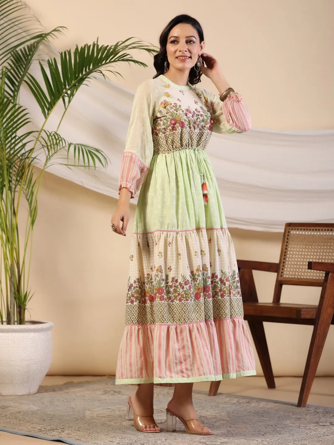 Jashvi Green Wonderland Cotton & Chiffon Floral Printed Tiered Maxi Dress With Lace & 3D Handwork