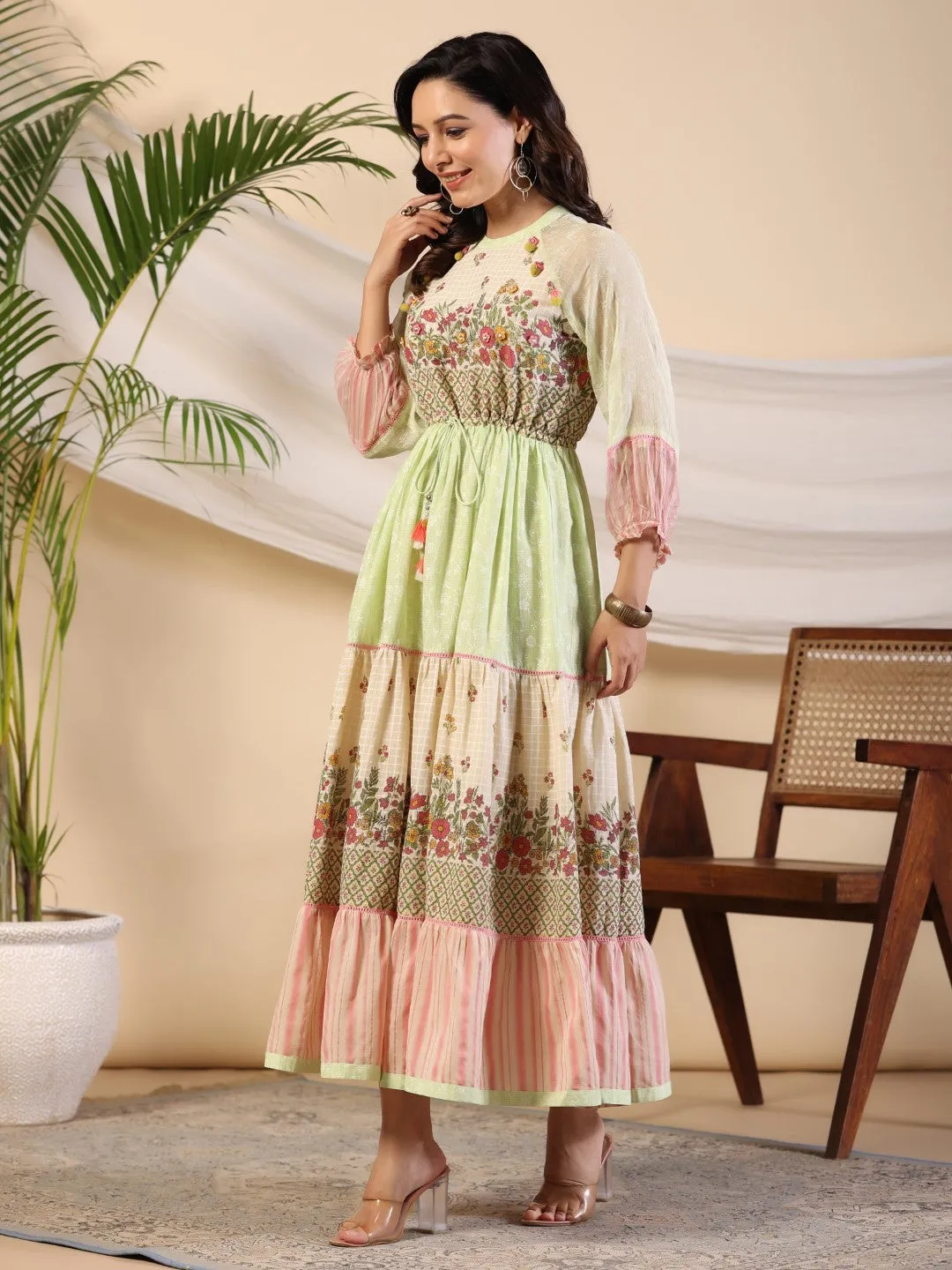 Jashvi Green Wonderland Cotton & Chiffon Floral Printed Tiered Maxi Dress With Lace & 3D Handwork