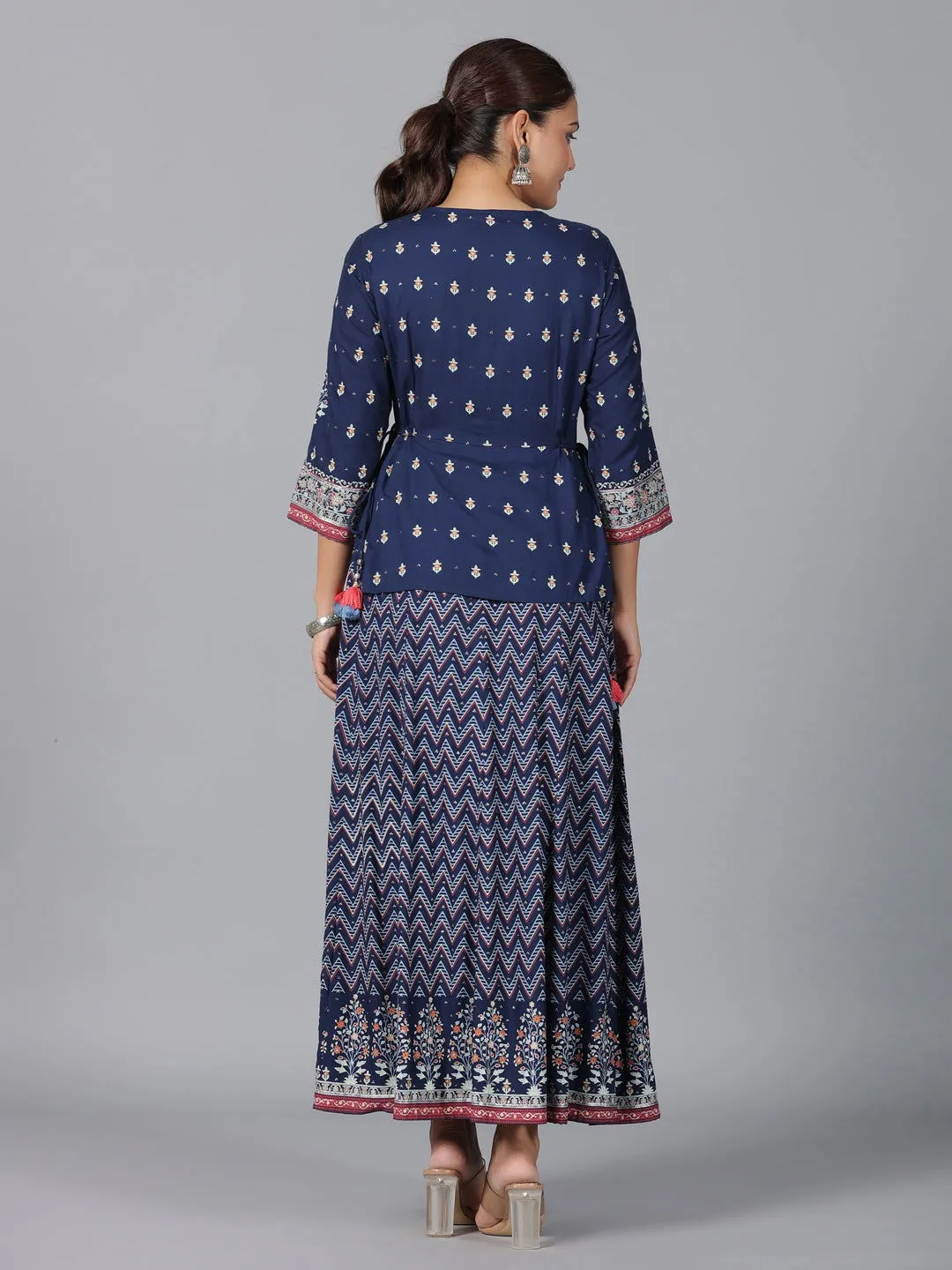 Jashvi  Indigo Chevron Printed Shantoon Maxi Dress With Sequins work