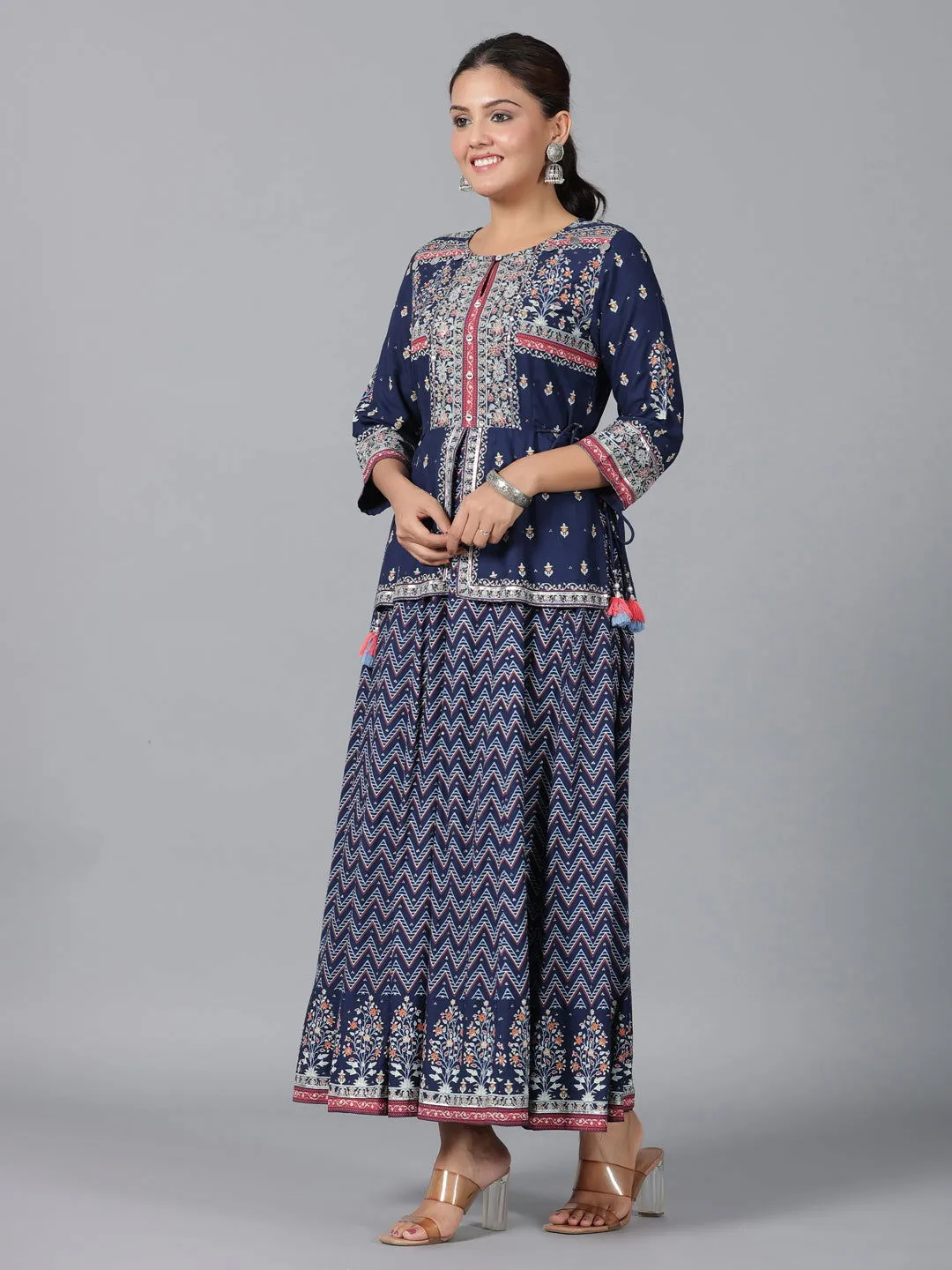 Jashvi  Indigo Chevron Printed Shantoon Maxi Dress With Sequins work