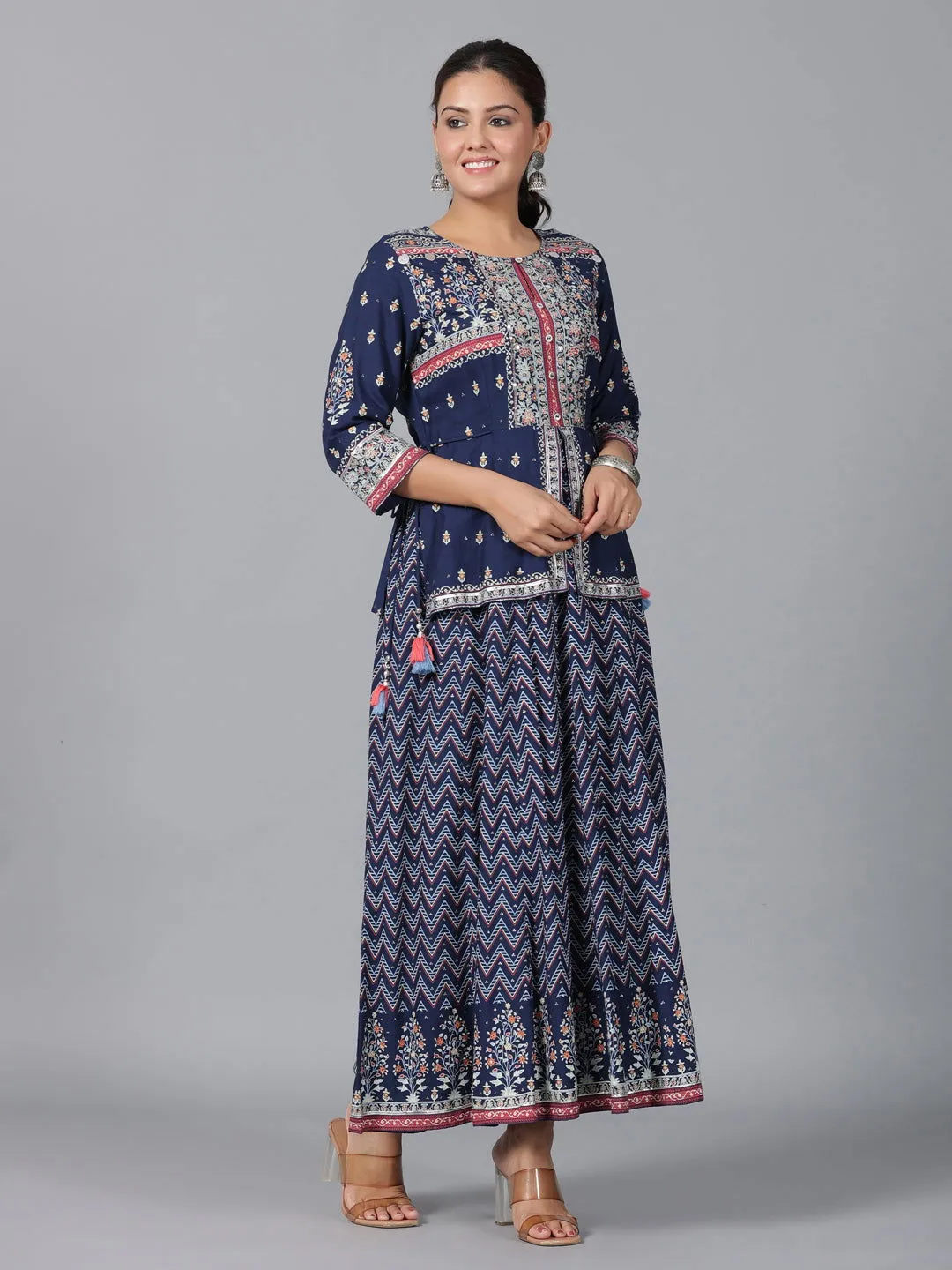 Jashvi  Indigo Chevron Printed Shantoon Maxi Dress With Sequins work