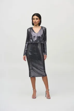 Joseph Ribkoff Black/Silver Sequined V-Neck Long Sleeve Sheath Dress 244033