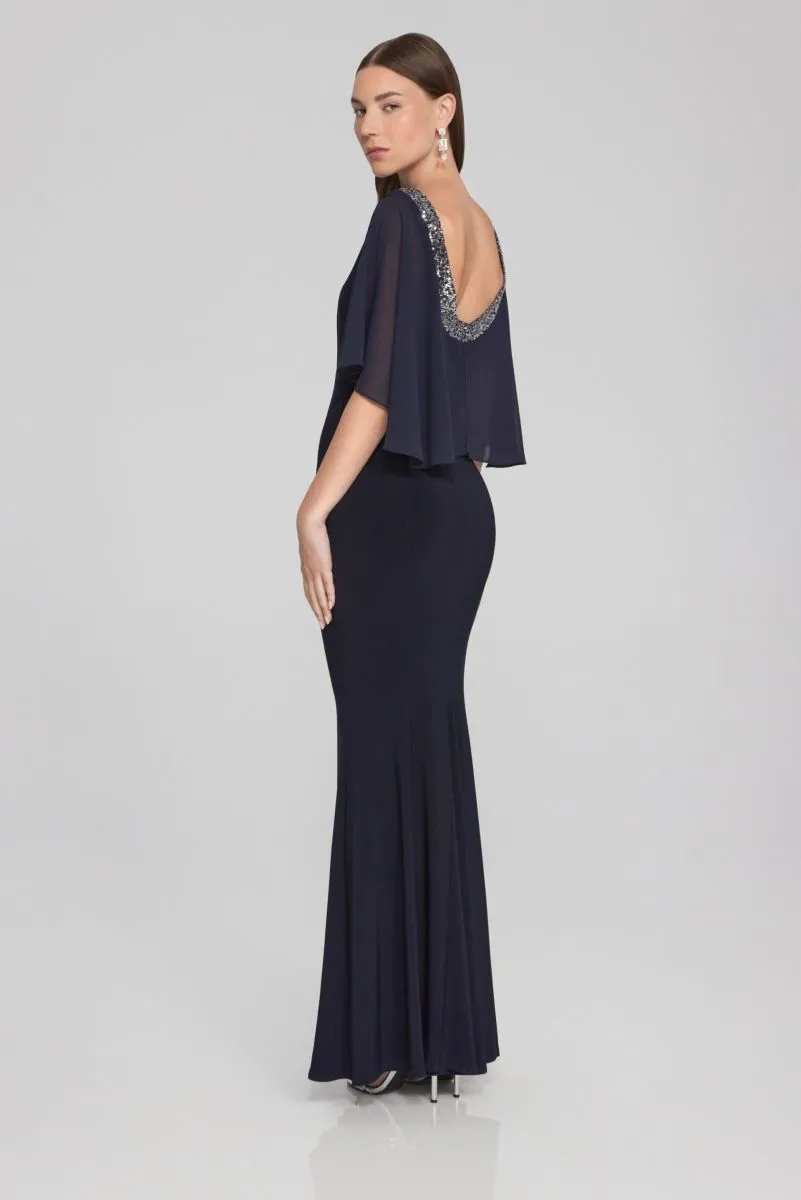 Joseph Ribkoff Midnight Blue Sequined Chiffon Cape Long Evening Dress 241717