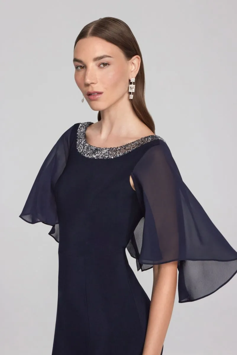 Joseph Ribkoff Midnight Blue Sequined Chiffon Cape Long Evening Dress 241717