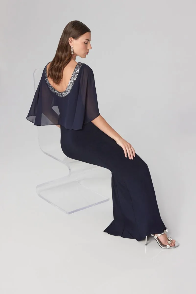 Joseph Ribkoff Midnight Blue Sequined Chiffon Cape Long Evening Dress 241717