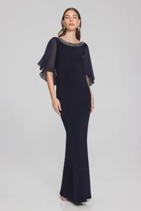 Joseph Ribkoff Midnight Blue Sequined Chiffon Cape Long Evening Dress 241717