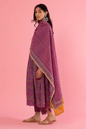 Kapaas (Blockprinted cottons) Fuchsia Pink  Floral Hand Block Printed Anarkali with printed Pants and Fuchsia Pink Printed Dupatta - Set of 3