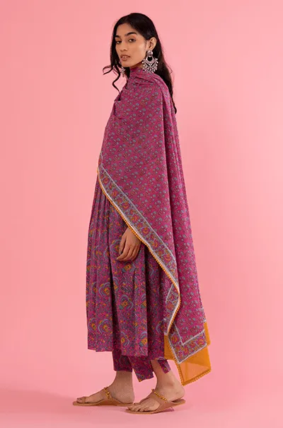 Kapaas (Blockprinted cottons) Fuchsia Pink  Floral Hand Block Printed Anarkali with printed Pants and Fuchsia Pink Printed Dupatta - Set of 3