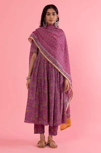 Kapaas (Blockprinted cottons) Fuchsia Pink  Floral Hand Block Printed Anarkali with printed Pants and Fuchsia Pink Printed Dupatta - Set of 3