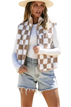 Khaki Checkered Sherpa Collared Jacket Vest