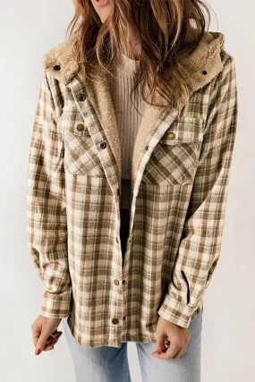 Khaki Plaid Pattern Sherpa Lined Hooded Shacket