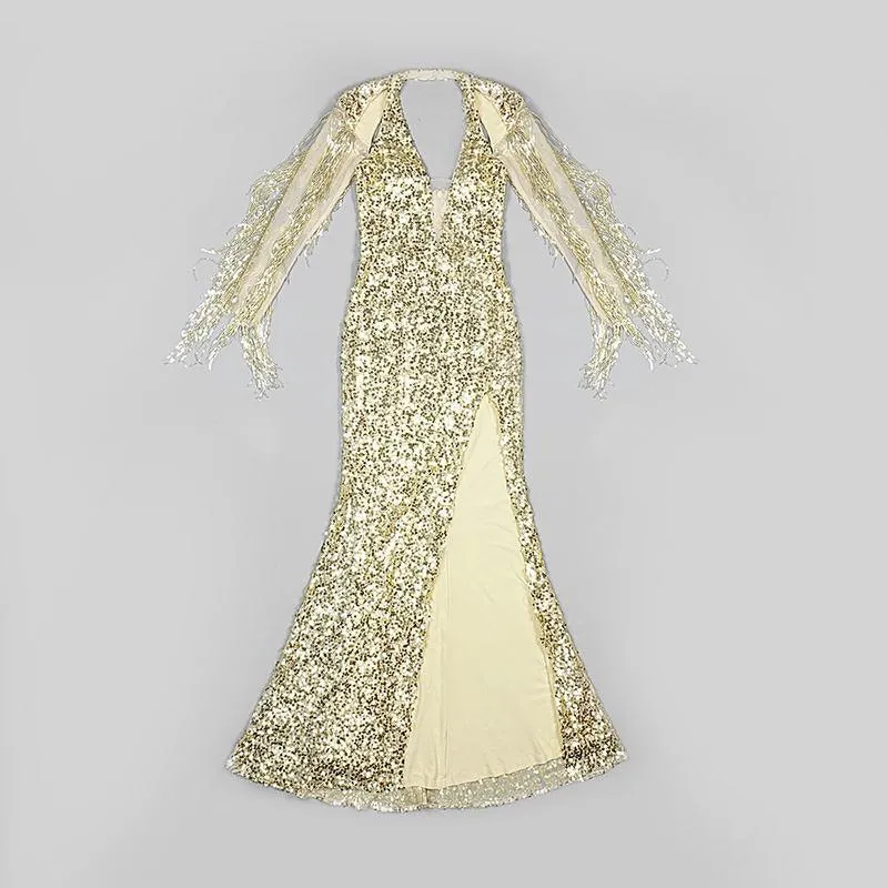 KittenAlarm - Aubrey Deep V Tassel Sleeve Maxi Sequin Dress