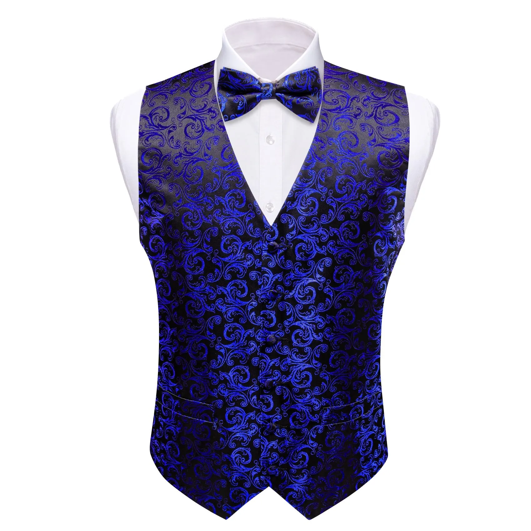 Klein Blue Black Floral Leaf Silk Men's Vest Bow Tie Handkerchief Cufflinks Set