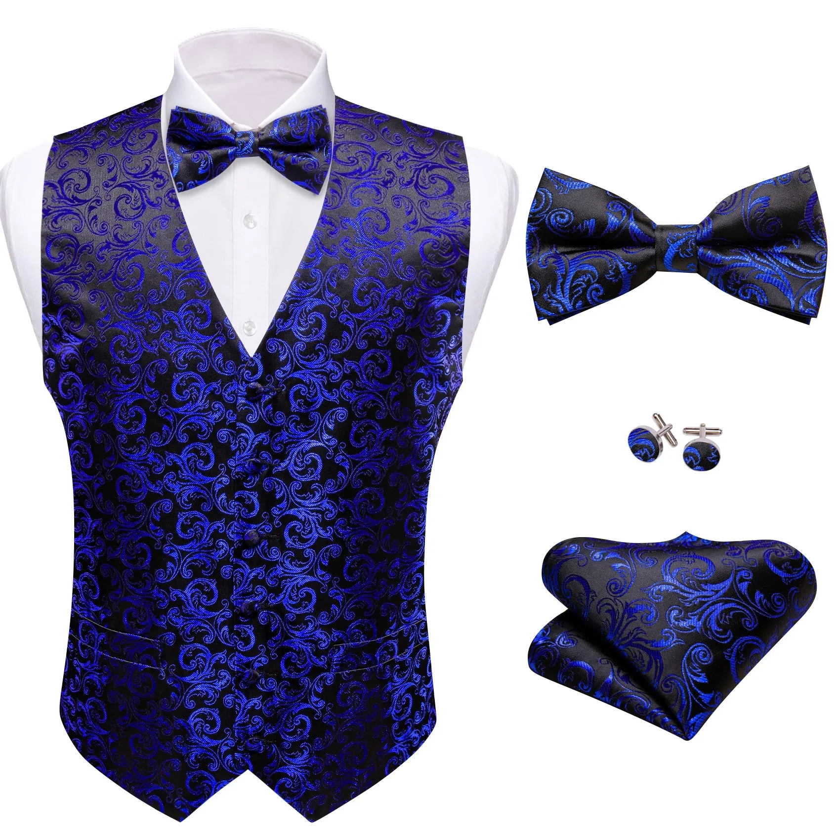 Klein Blue Black Floral Leaf Silk Men's Vest Bow Tie Handkerchief Cufflinks Set