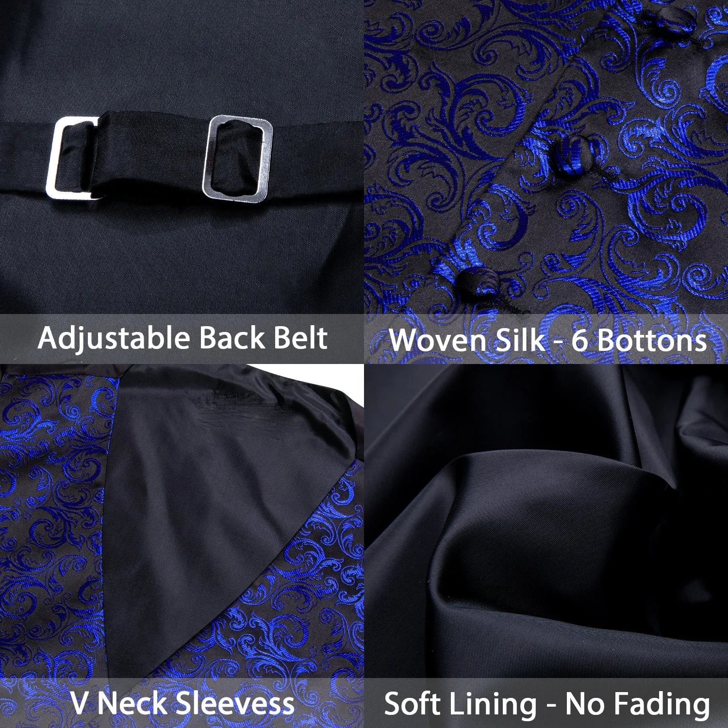 Klein Blue Black Floral Leaf Silk Men's Vest Bow Tie Handkerchief Cufflinks Set