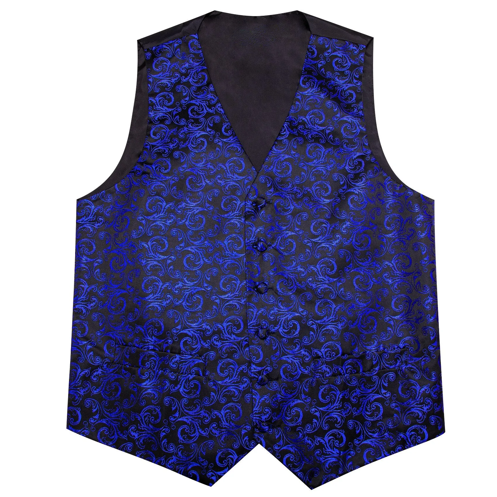 Klein Blue Black Floral Leaf Silk Men's Vest Bow Tie Handkerchief Cufflinks Set