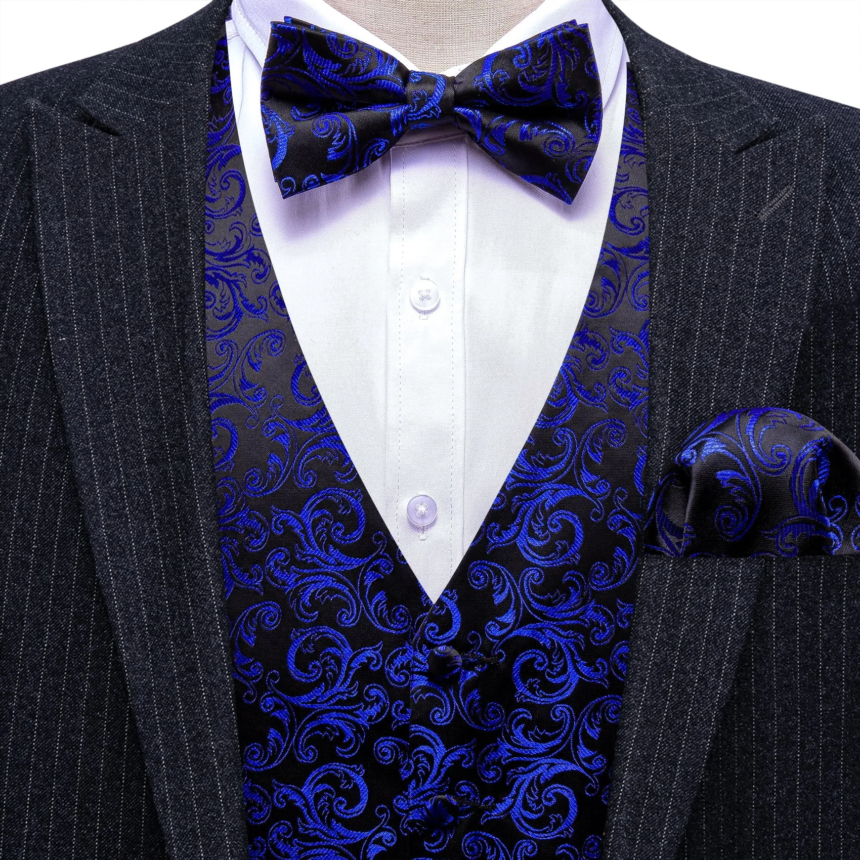 Klein Blue Black Floral Leaf Silk Men's Vest Bow Tie Handkerchief Cufflinks Set