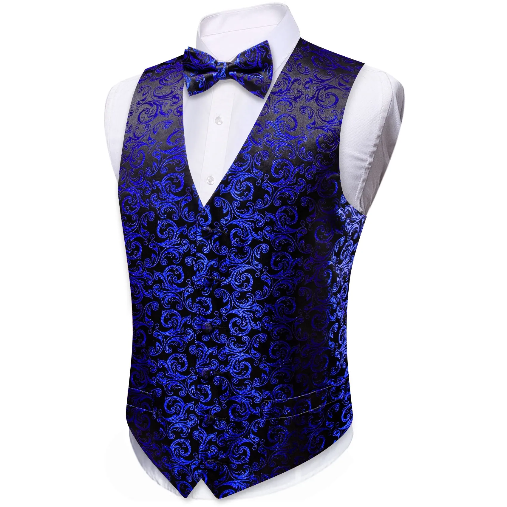 Klein Blue Black Floral Leaf Silk Men's Vest Bow Tie Handkerchief Cufflinks Set