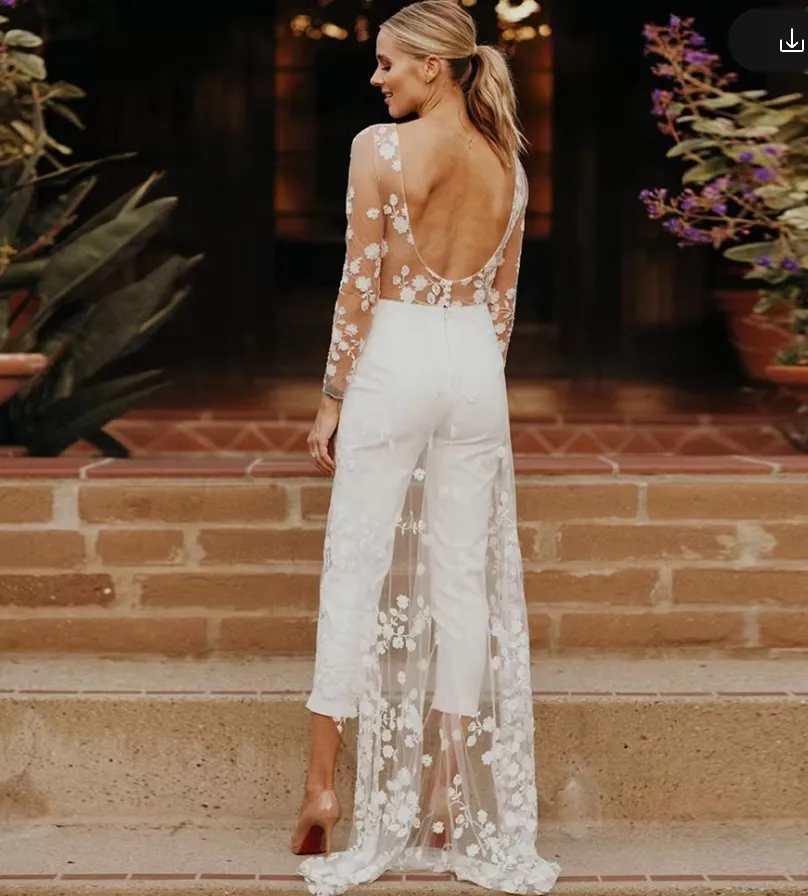 Lace Backless Wedding Dress Jumpsuit Bridal Gown For Women With Sweep Train