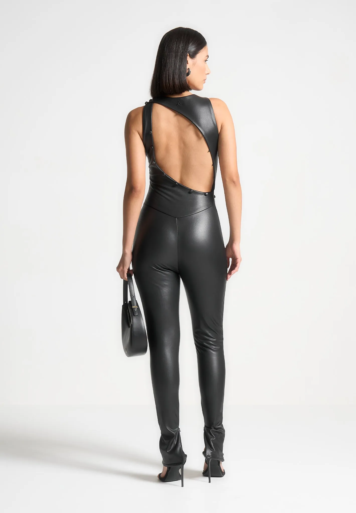 Leather Cut Out Button Detail Jumpsuit - Black