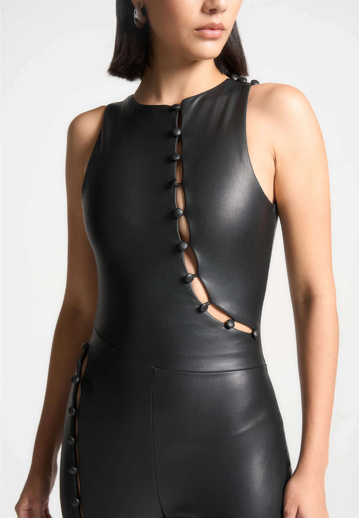 Leather Cut Out Button Detail Jumpsuit - Black