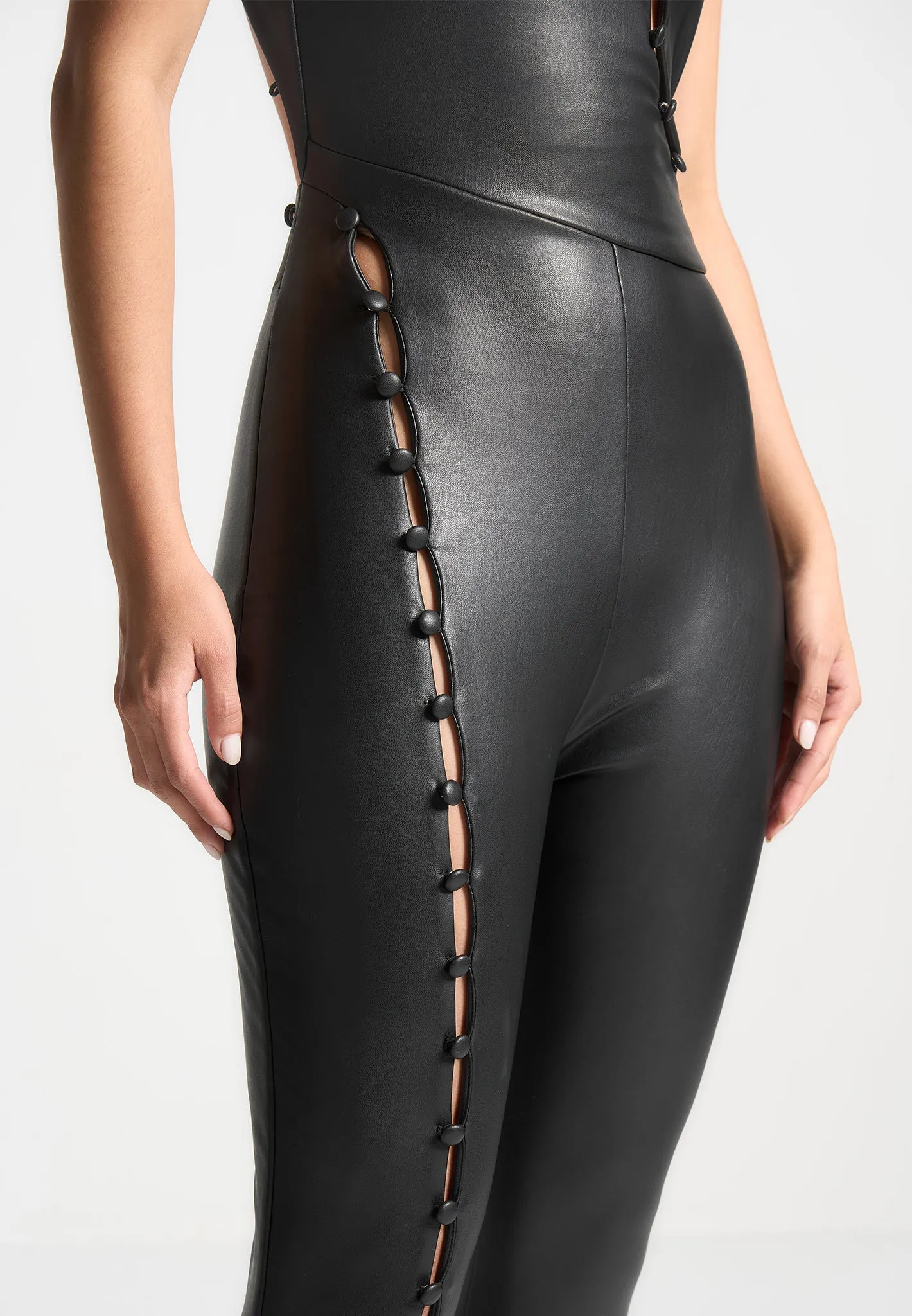 Leather Cut Out Button Detail Jumpsuit - Black