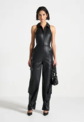 Leather Halterneck Cargo Jumpsuit - Black