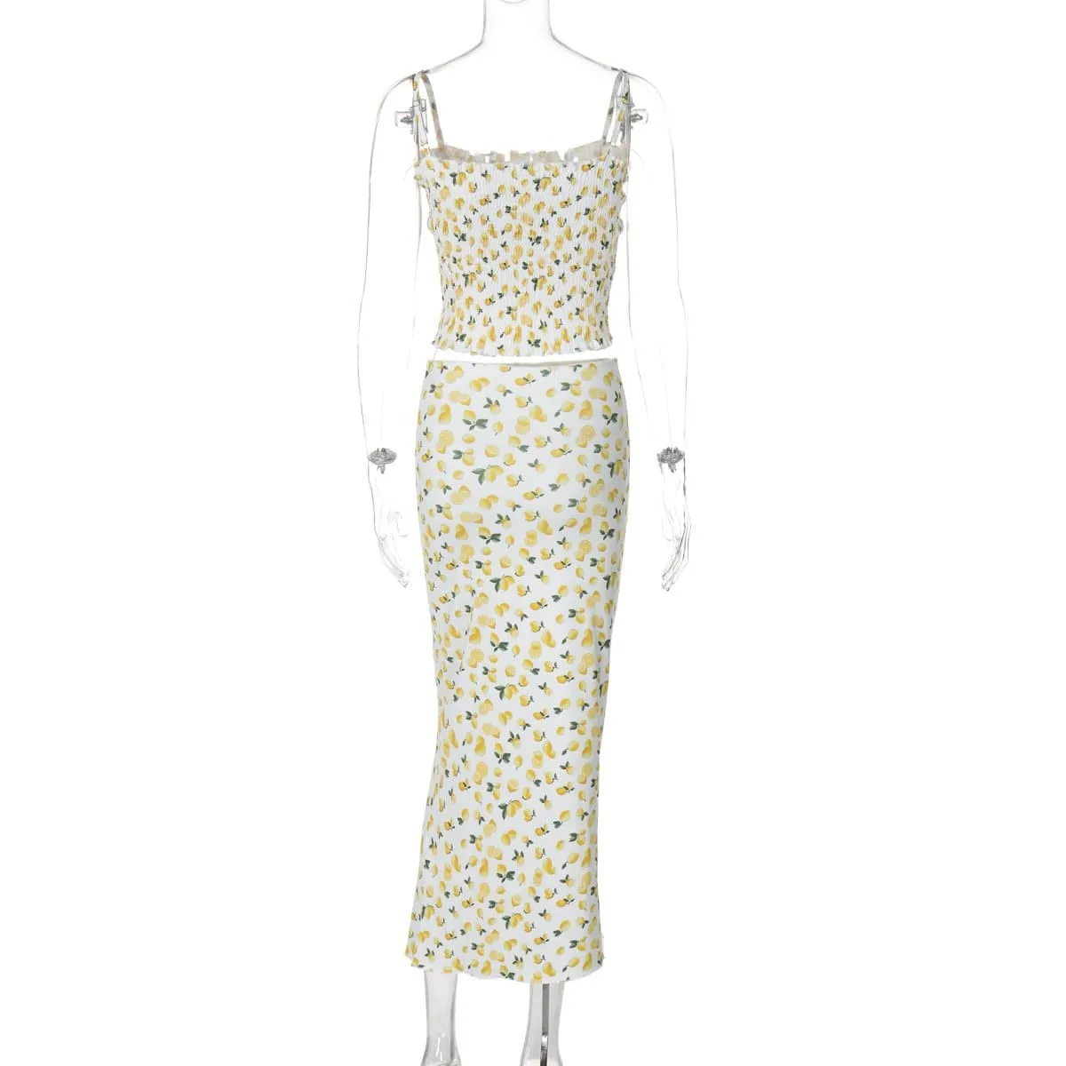 Lemon print smocked cami midi skirt set