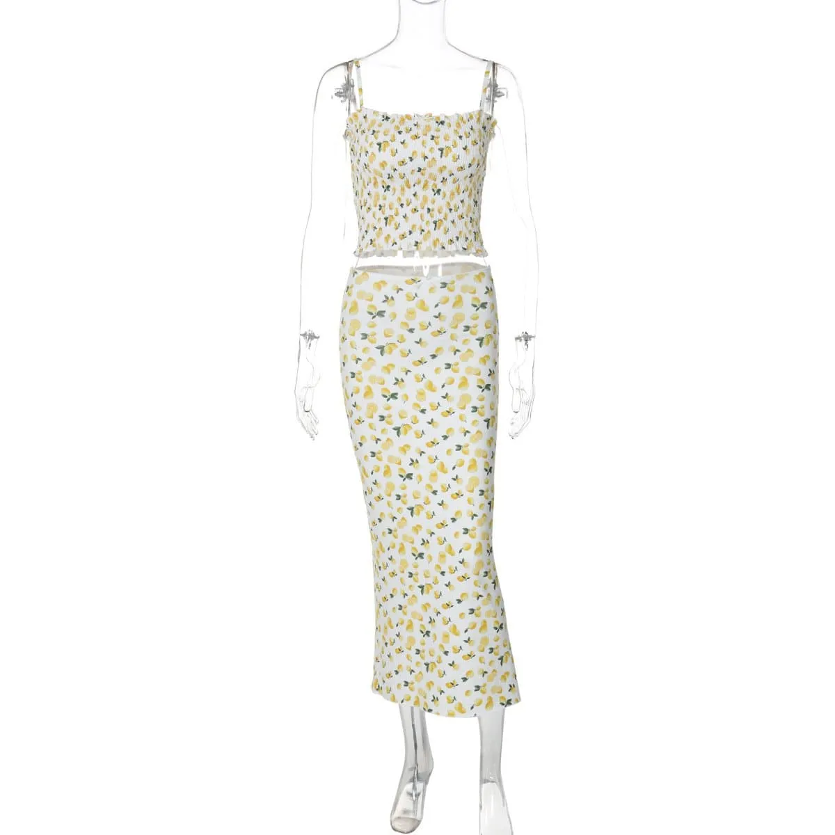 Lemon print smocked cami midi skirt set