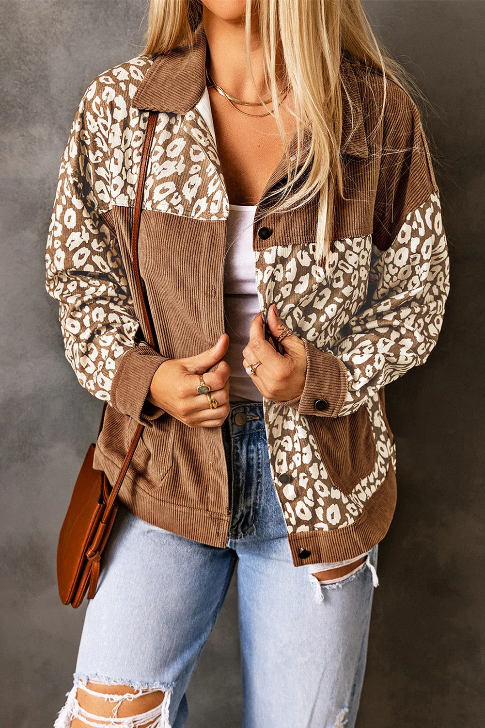 Leopard Print Corduroy Long Sleeve Jacket