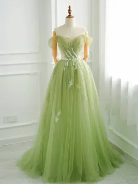 Light Green Off Shoulder Tulle A-line Prom Dress, Green Tulle Party Dress