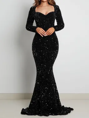 Luxury Long Sleeve Evening Gown Sequin Stretchy Velvet V Neck Mermaid Prom Floor Length Formal Cocktail Dress