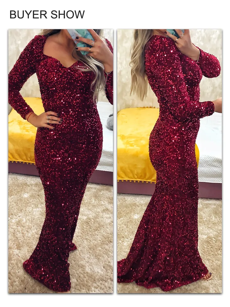 Luxury Long Sleeve Evening Gown Sequin Stretchy Velvet V Neck Mermaid Prom Floor Length Formal Cocktail Dress